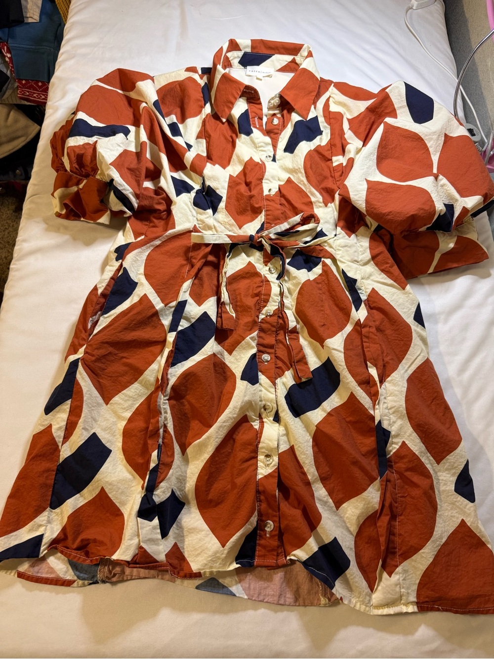 entro Terra Cotta, Navy & Cream Abstract Midi Shirt Dress